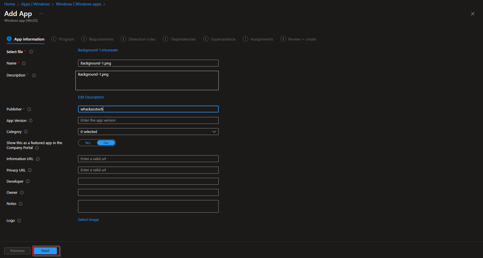App information settings in Intune